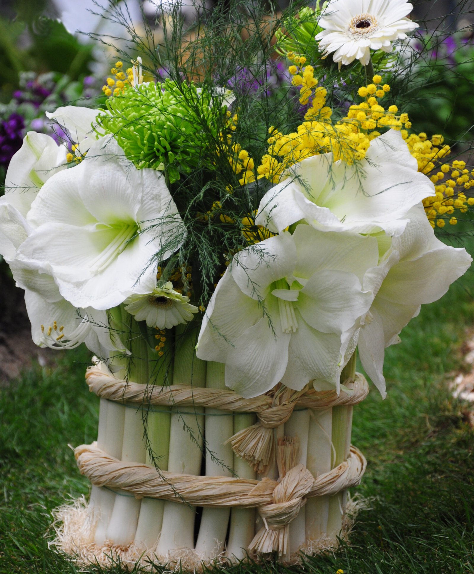 un bouquet de fleurs blanches enserrées dans des brins de poireaux