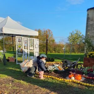 fillette devant décor au sol composé de pommes