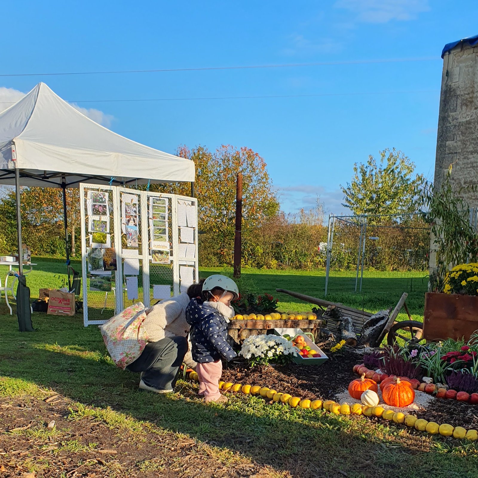 fillette devant décor au sol composé de pommes